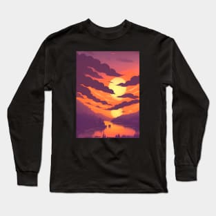 Minimalist Landscape with Sunrise and Cloudy Lake View Art Print on tshirt, poster Design Long Sleeve T-Shirt